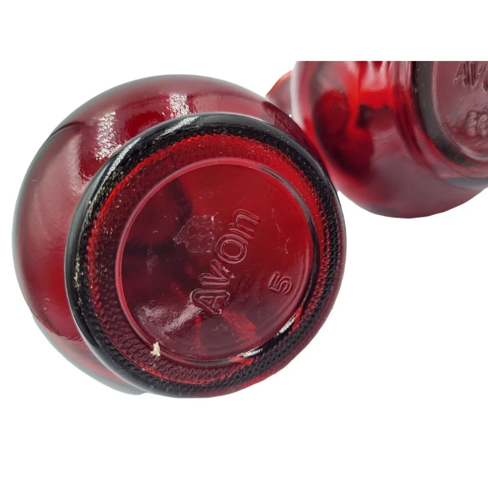 Vintage Pair Avon Cruet Cape Cod Ruby Red Glass Strawberry Top Numbers‎ 5 & 26